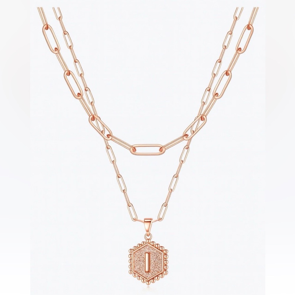 Hexagon Letter Initial (i) Necklaces Women 2 Layered Rose Gold Stackable Jewelry